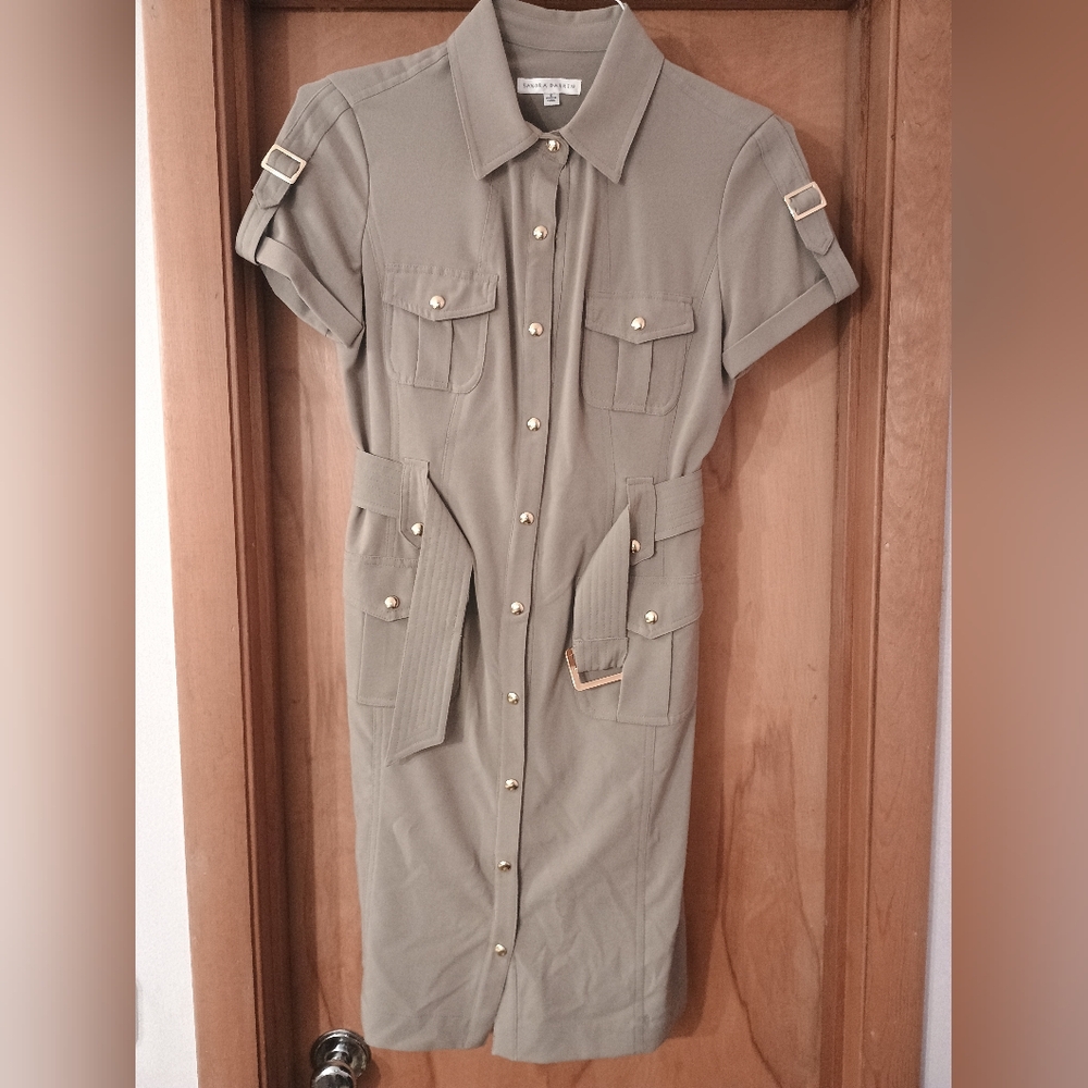 Sandra Darren Military Safari Dress Green Size 6 Snap Front Belted